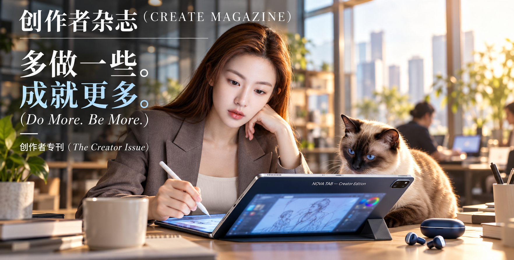 Affiche réaliste originale sur tablette : une femme et un chat siamois — AI image creation