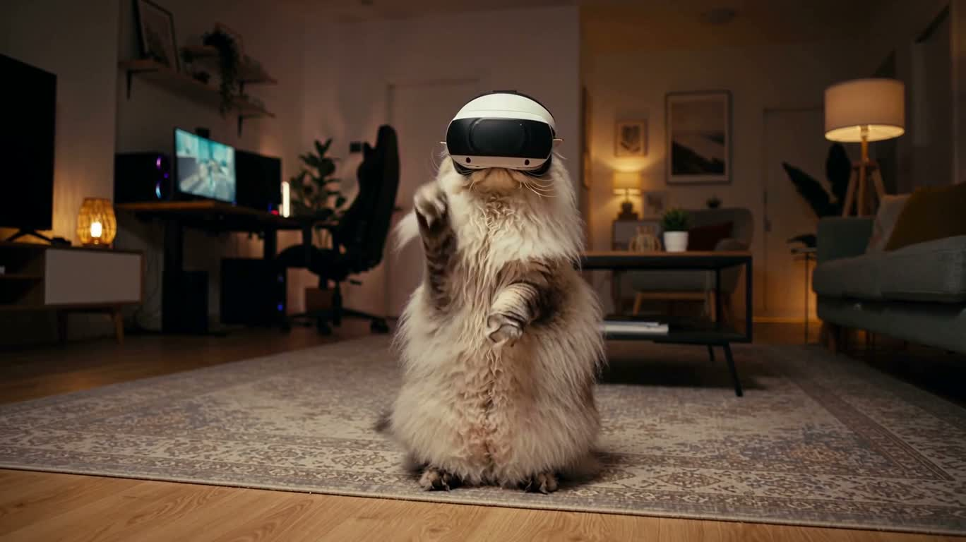 VRヘッドセットを着けたペルシャ猫 — AI video creation