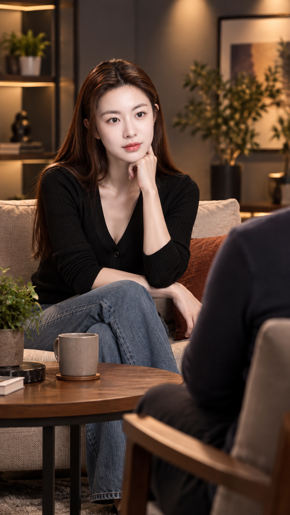 现代影棚休息区的暖光纪录片访谈肖像 — AI image creation