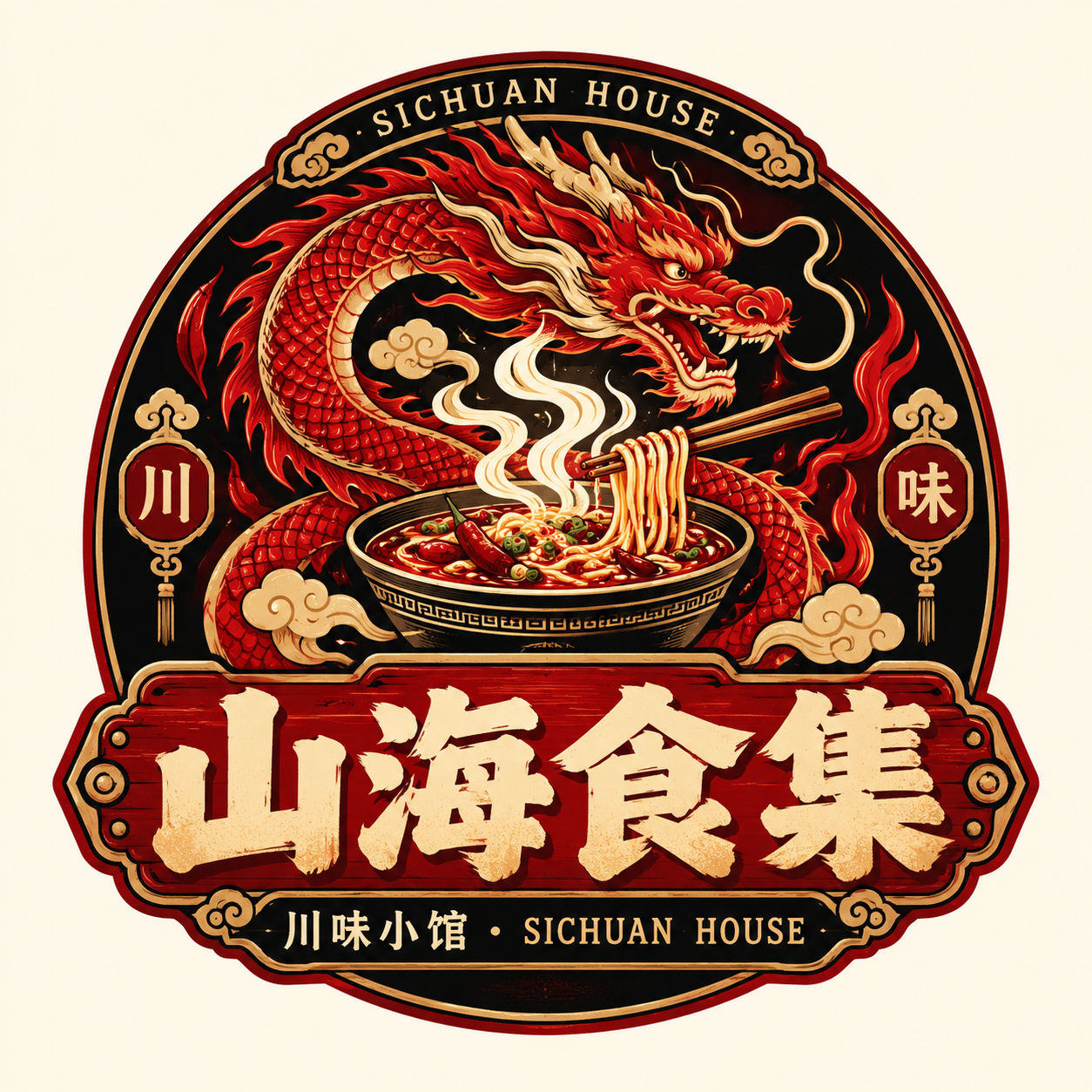 国潮复古餐饮徽章Logo设计提示词 — AI image creation