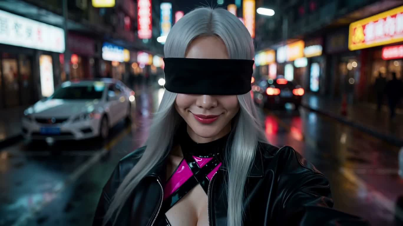 霓虹街头的银发盲眼女孩 — AI video creation