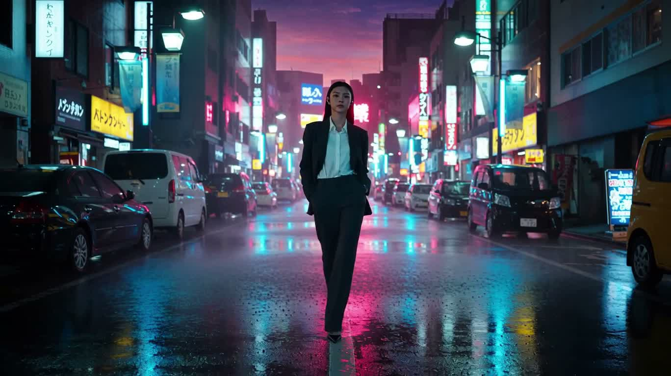 霓虹雨夜的无线耳机广告 — AI video creation