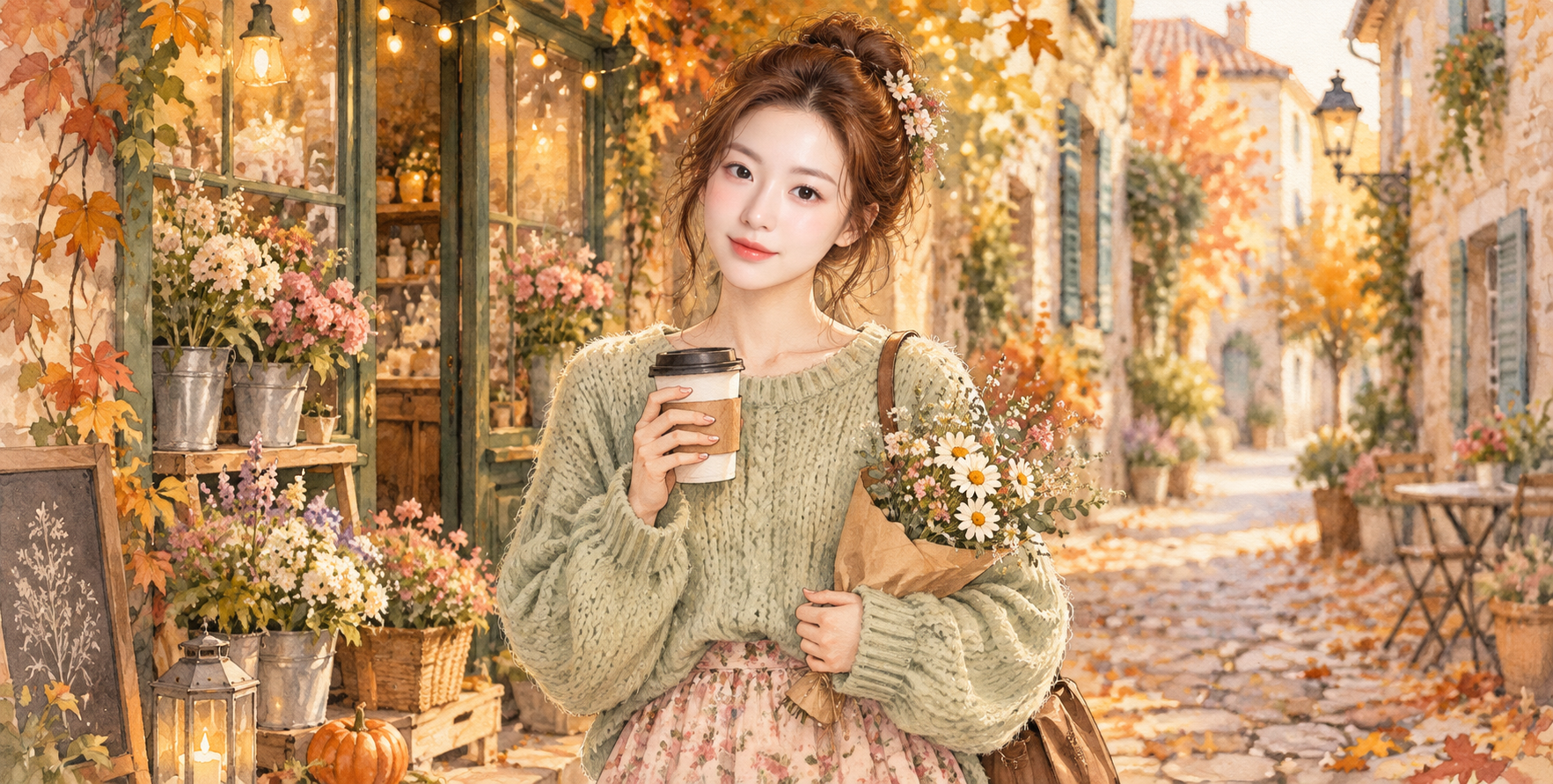 秋日欧洲花店街景水彩插画 — AI image creation
