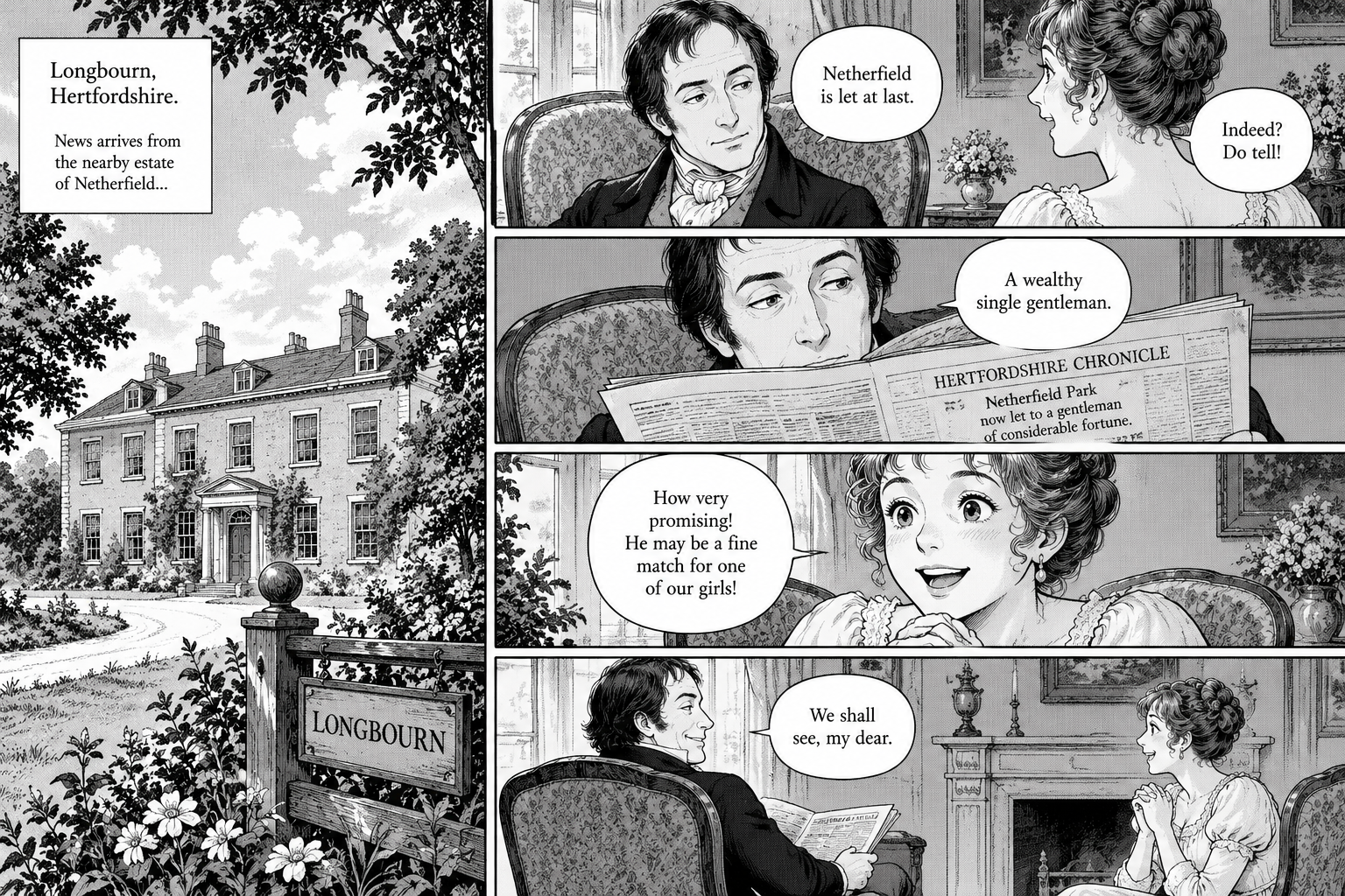 单页黑白漫画呈现小说开篇 — AI image creation