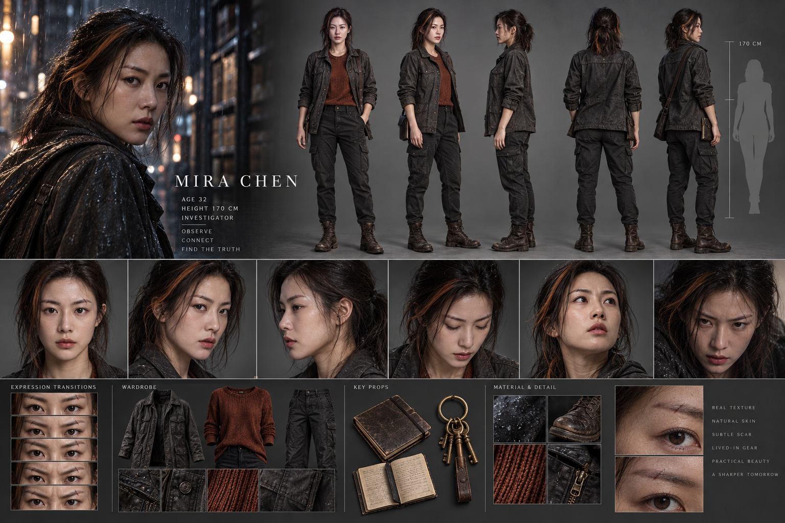 电影角色设计板:成人城市调查员 — AI image creation