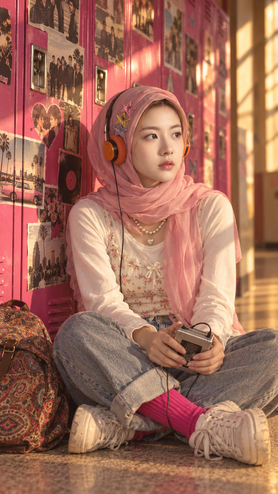 黄金时刻光影下的复古校园成年女性肖像 — AI image creation