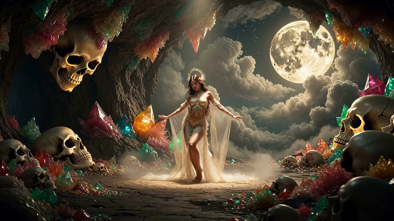 Fée lumineuse à la peau brune dans la grotte du crâne au clair de lune — AI video creation