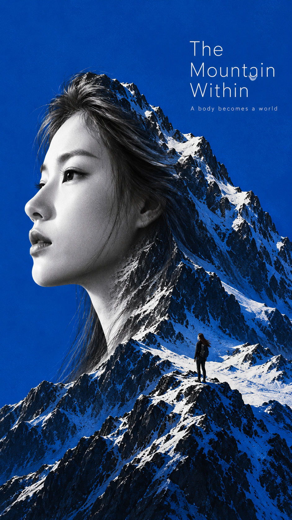 山岳に溶け込む巨大な肖像のミニマルアート映画ポスター — AI image creation