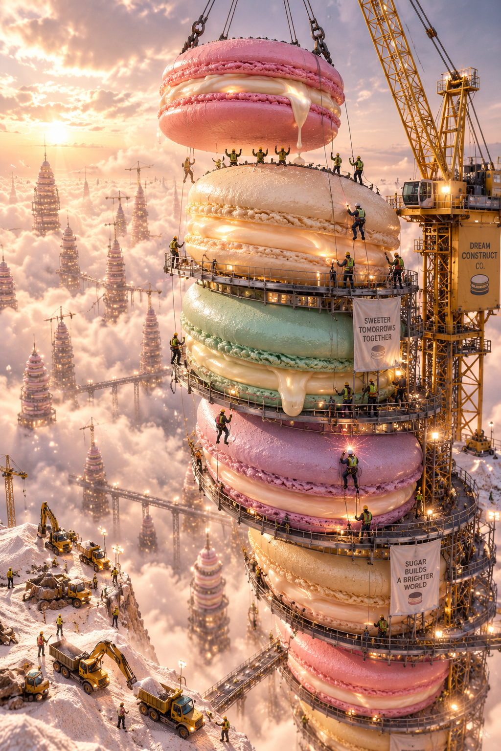 超现实马卡龙摩天大楼施工 — AI image creation