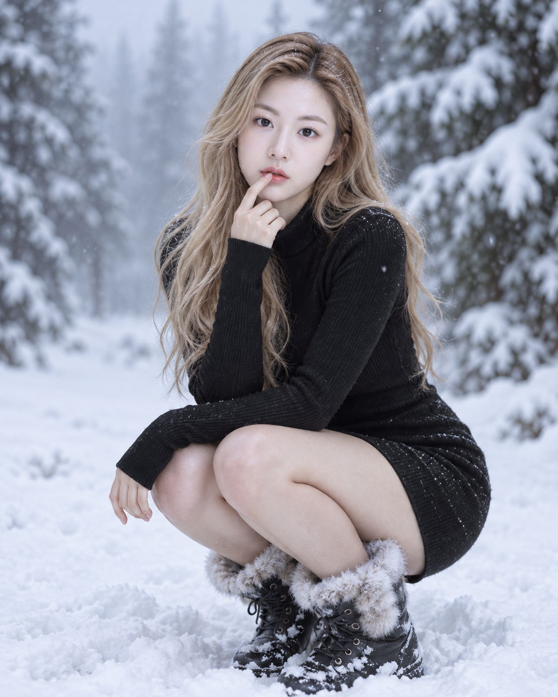 霧と雪の松林の冬ファッションポートレート — AI image creation