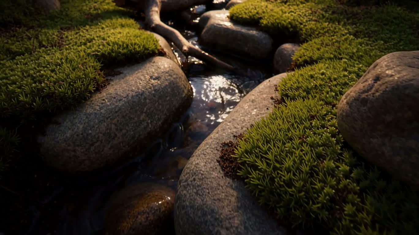 木石苔水的微型静谧黄昏 — AI video creation