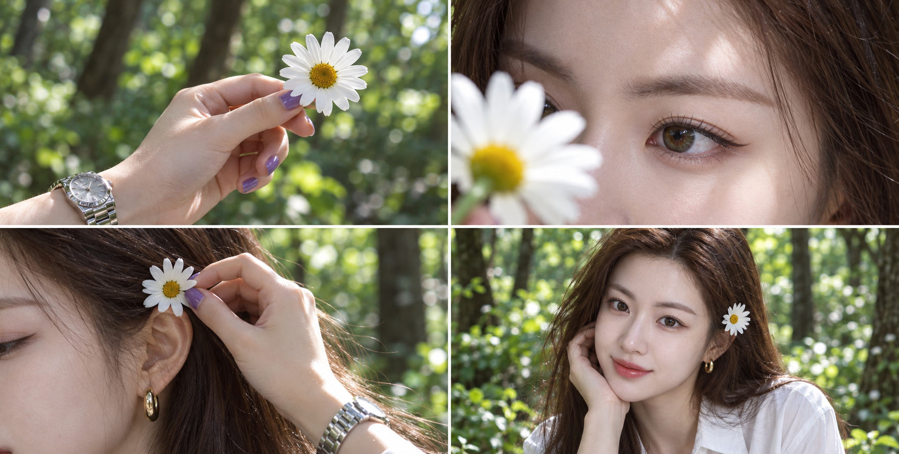 森系少女与白雏菊的四格光影拼贴 — AI image creation