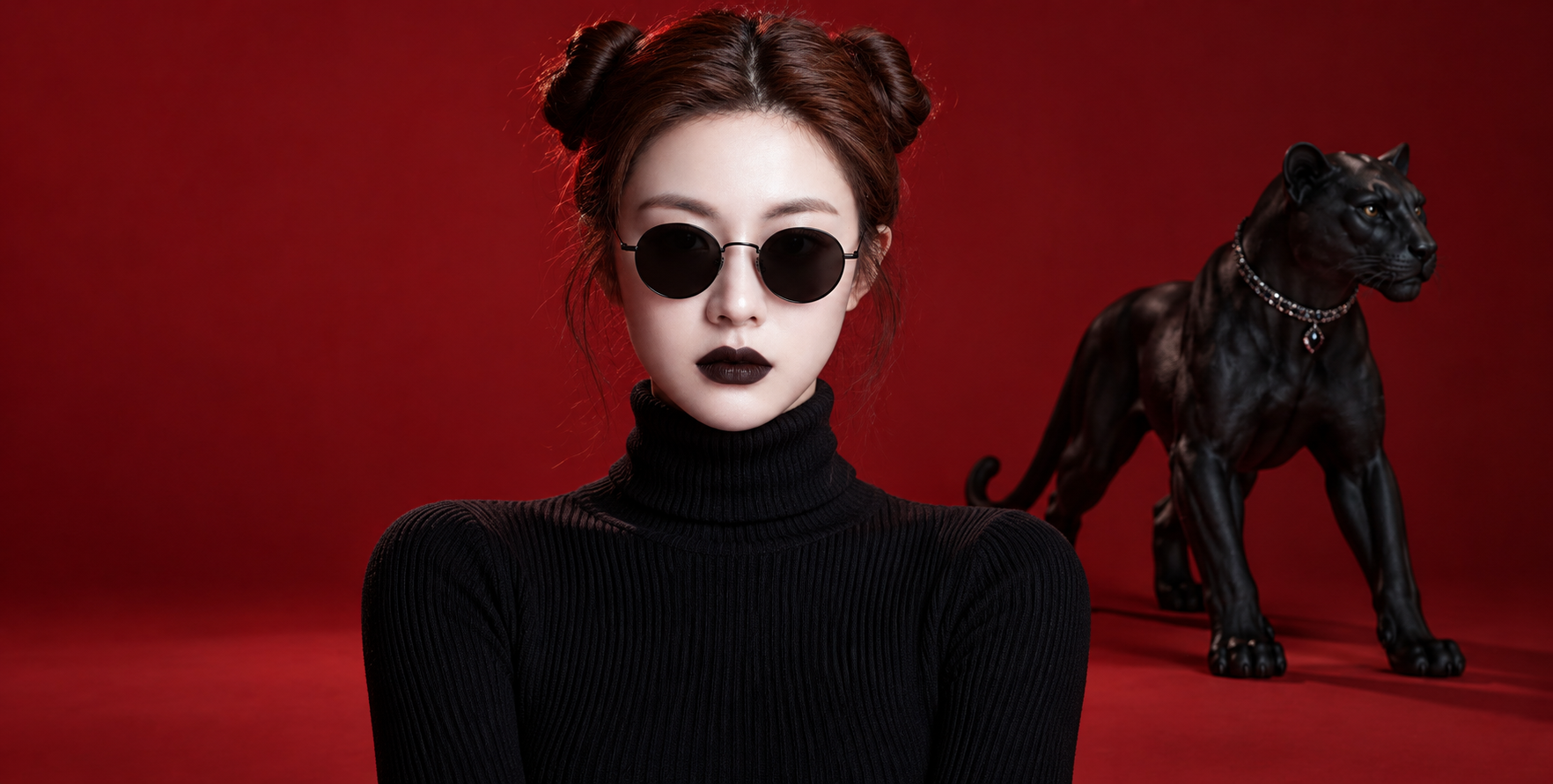 Chân dung thời trang áo đen trong studio đỏ với tượng báo