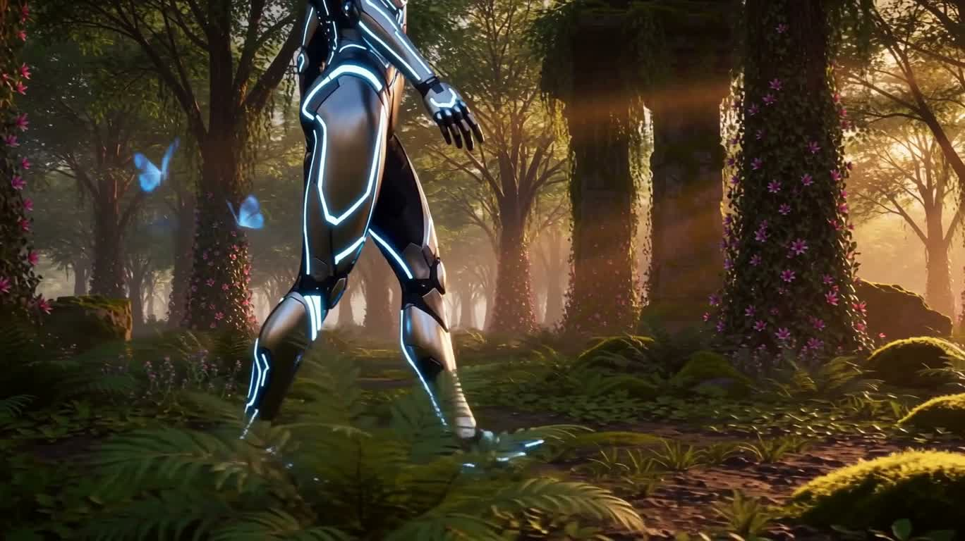 Robot phát sáng xanh trong rừng hoàng hôn — AI video creation