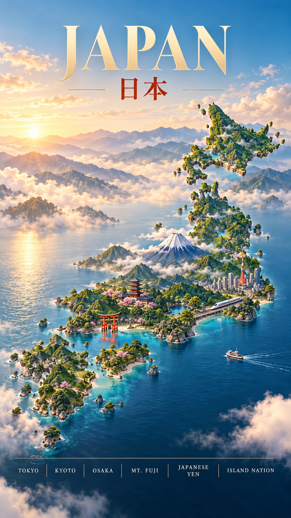 日本浮空群岛微缩世界旅行海报 — AI image creation
