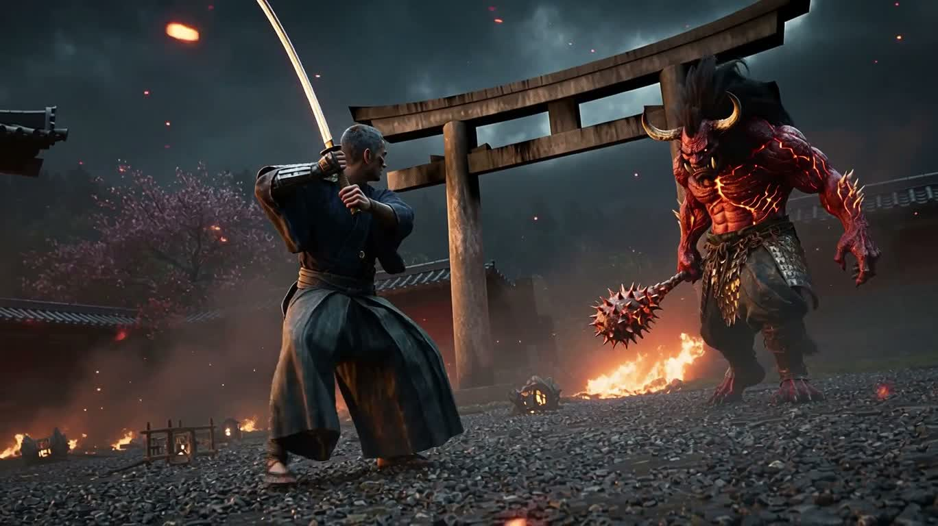 燃烧寺院中的武士与鬼王