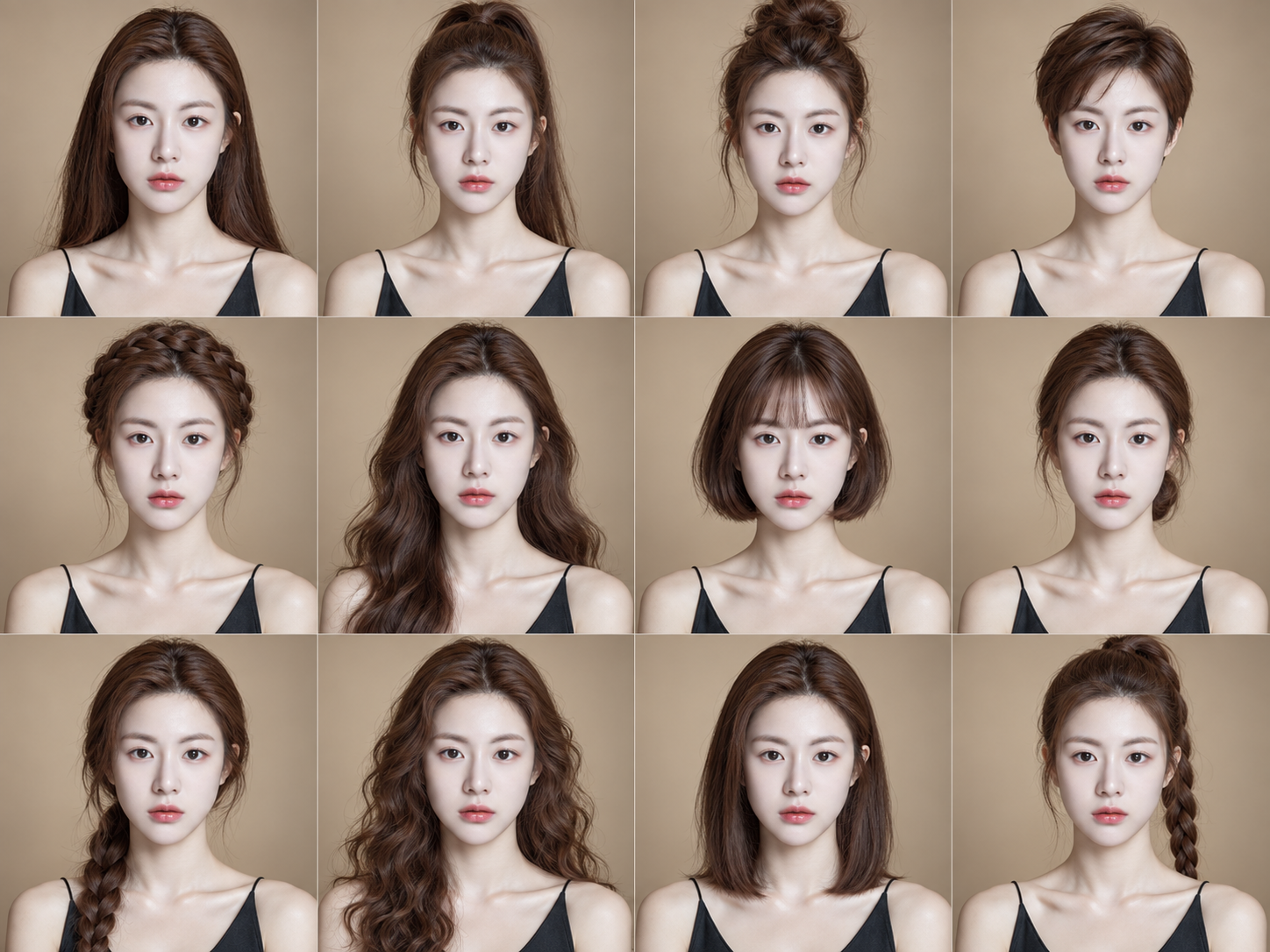 同一身份十二种发型对比拼贴 — AI image creation