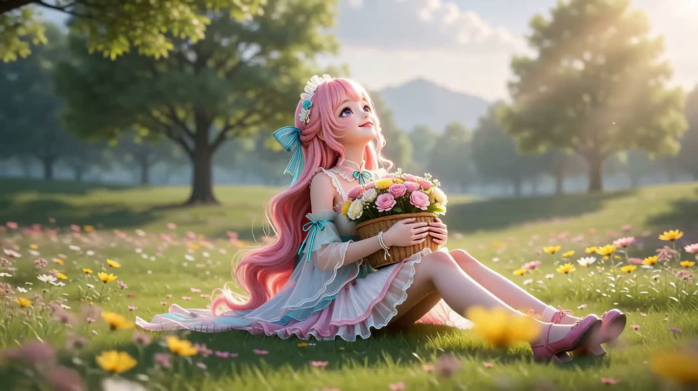魔法花园中的粉发少女与白狐 — AI video creation