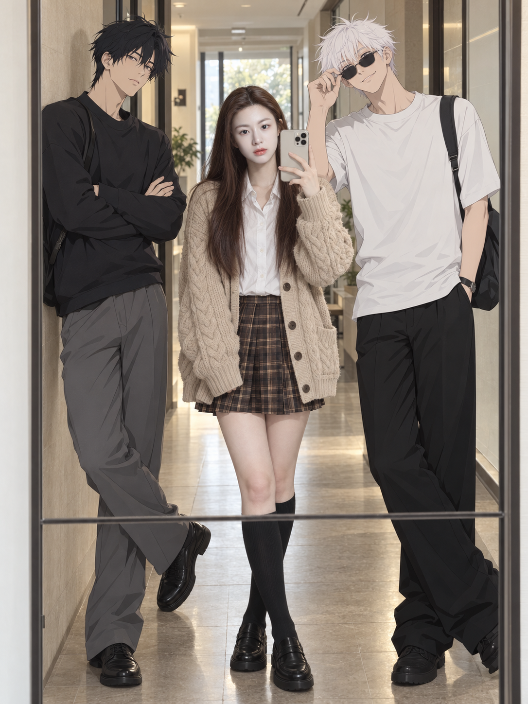 Autumn School Style Mirror Selfie with a 2D Anime Companion