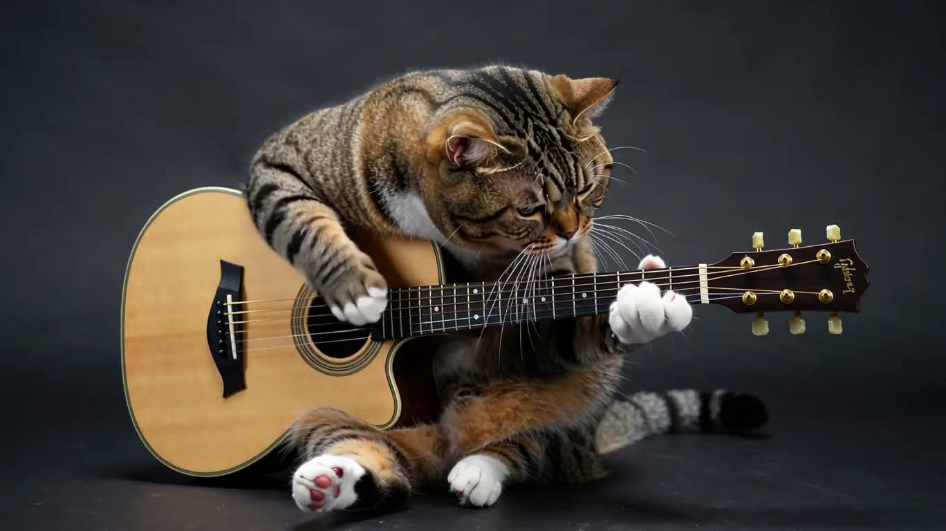 猫咪吉他环绕镜头 — AI video creation