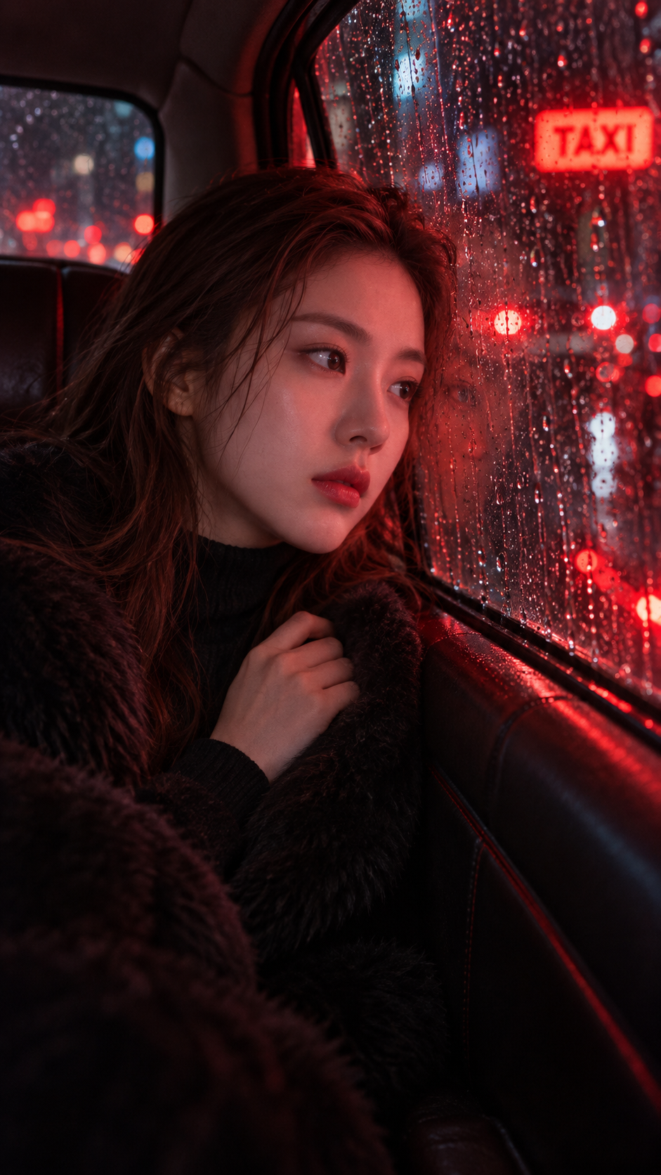 雨夜出租车窗后的红蓝电影感成年女性人像 — AI image creation