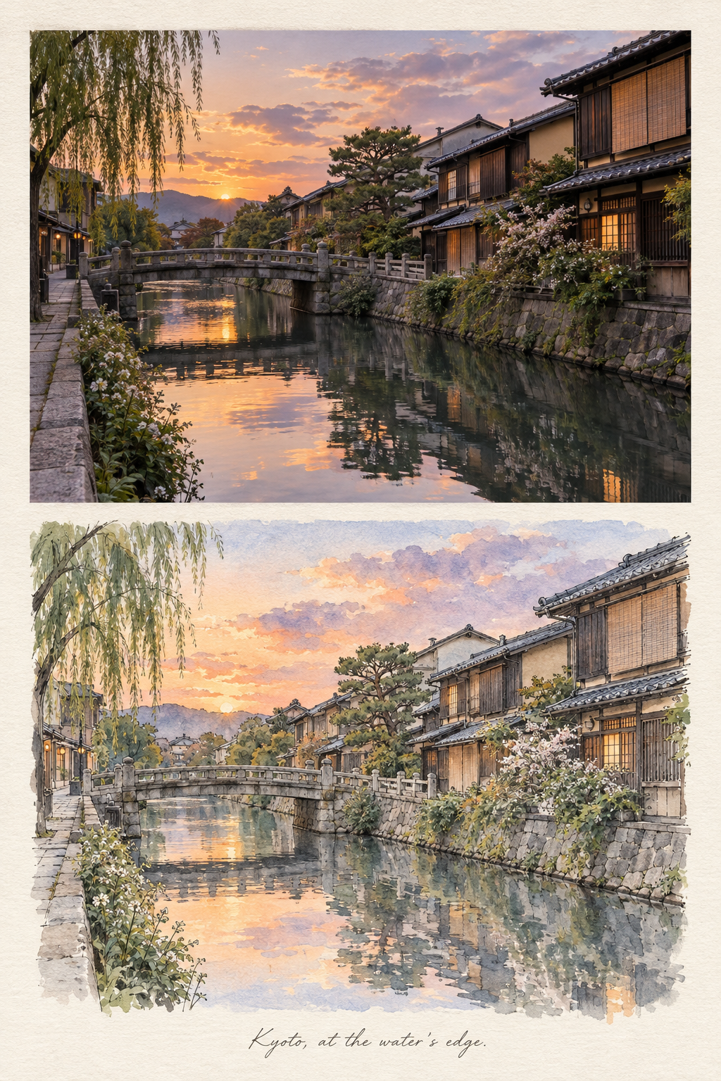 二段式シティ旅行手帳の水彩ページテンプレート
