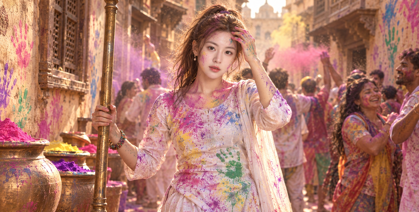 洒红节街巷中的彩粉纪实人像 — AI image creation