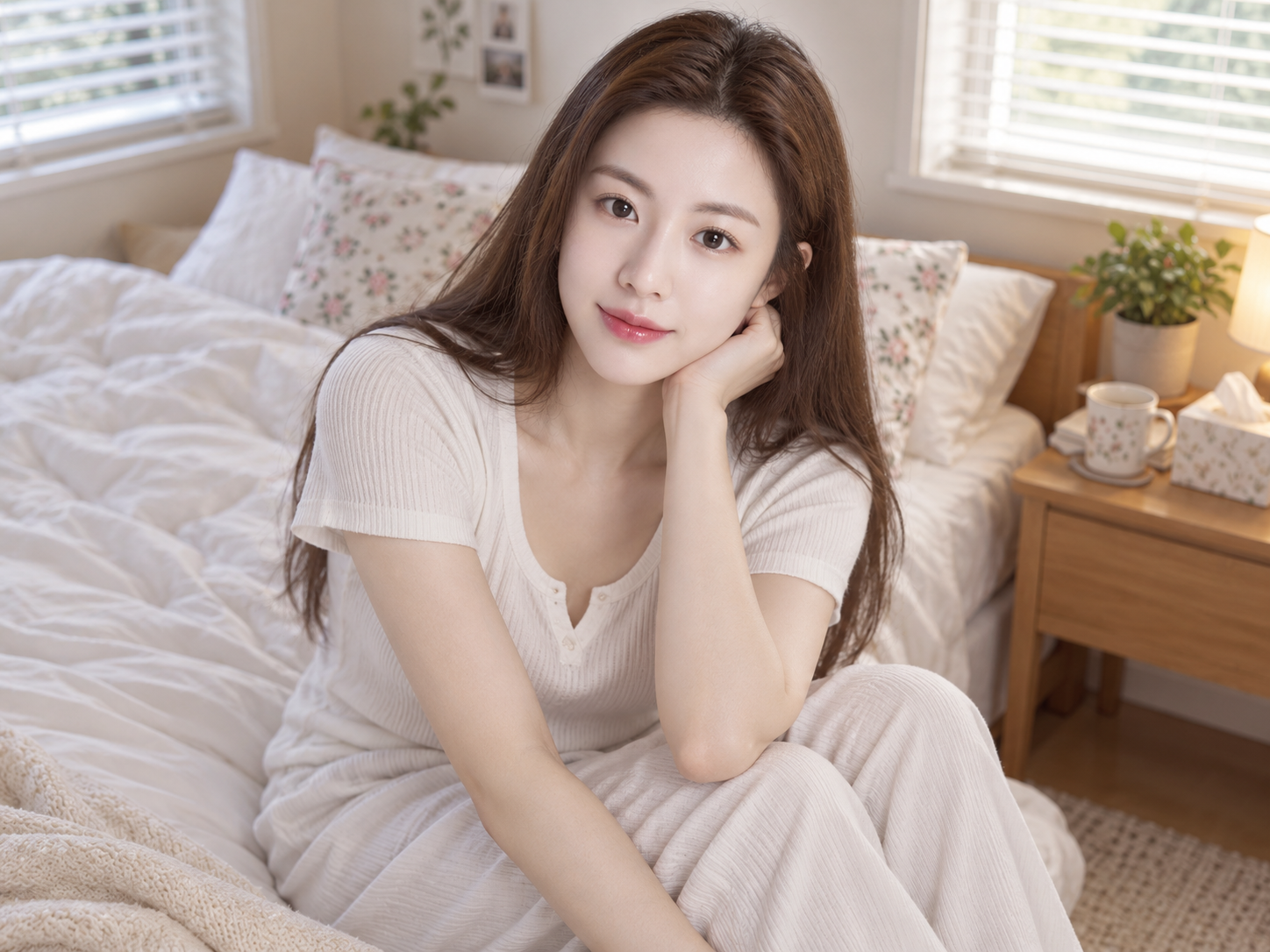 부드러운 아침 햇살 속 아늑한 침실 생활 초상 — AI image creation