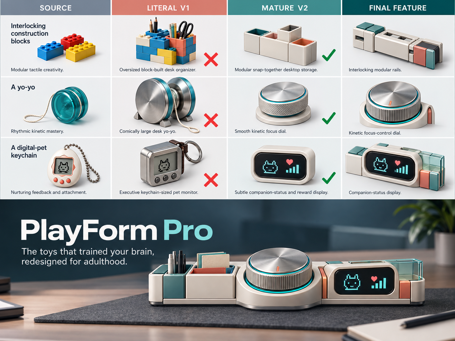 童年玩具进化成人效率产品设计信息图 — AI image creation