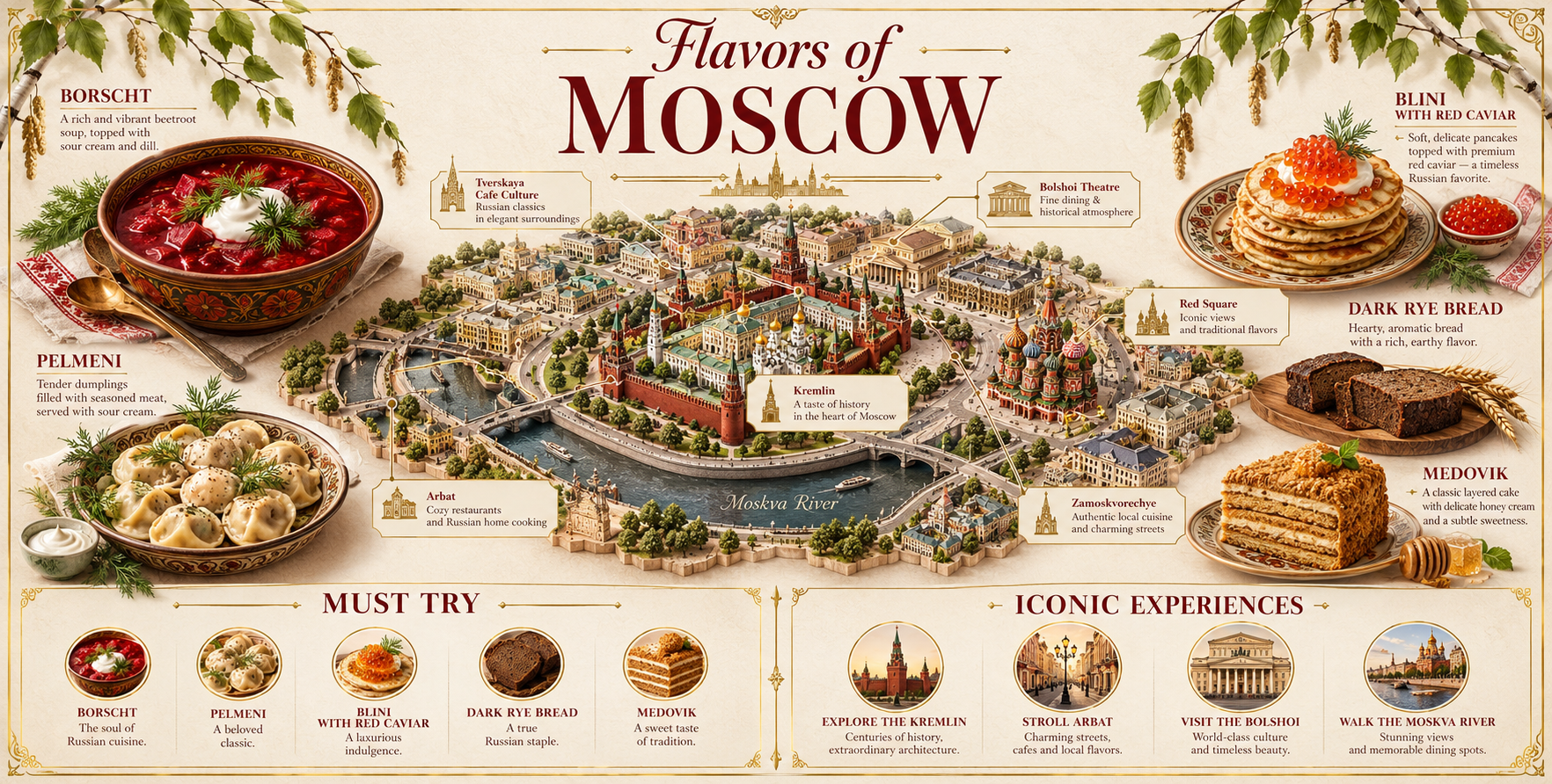 莫斯科风味奢华旅行美食信息图 — AI image creation