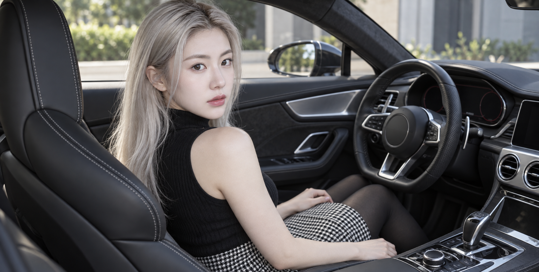 成年女性在豪华跑车驾驶座回眸人像 — AI image creation