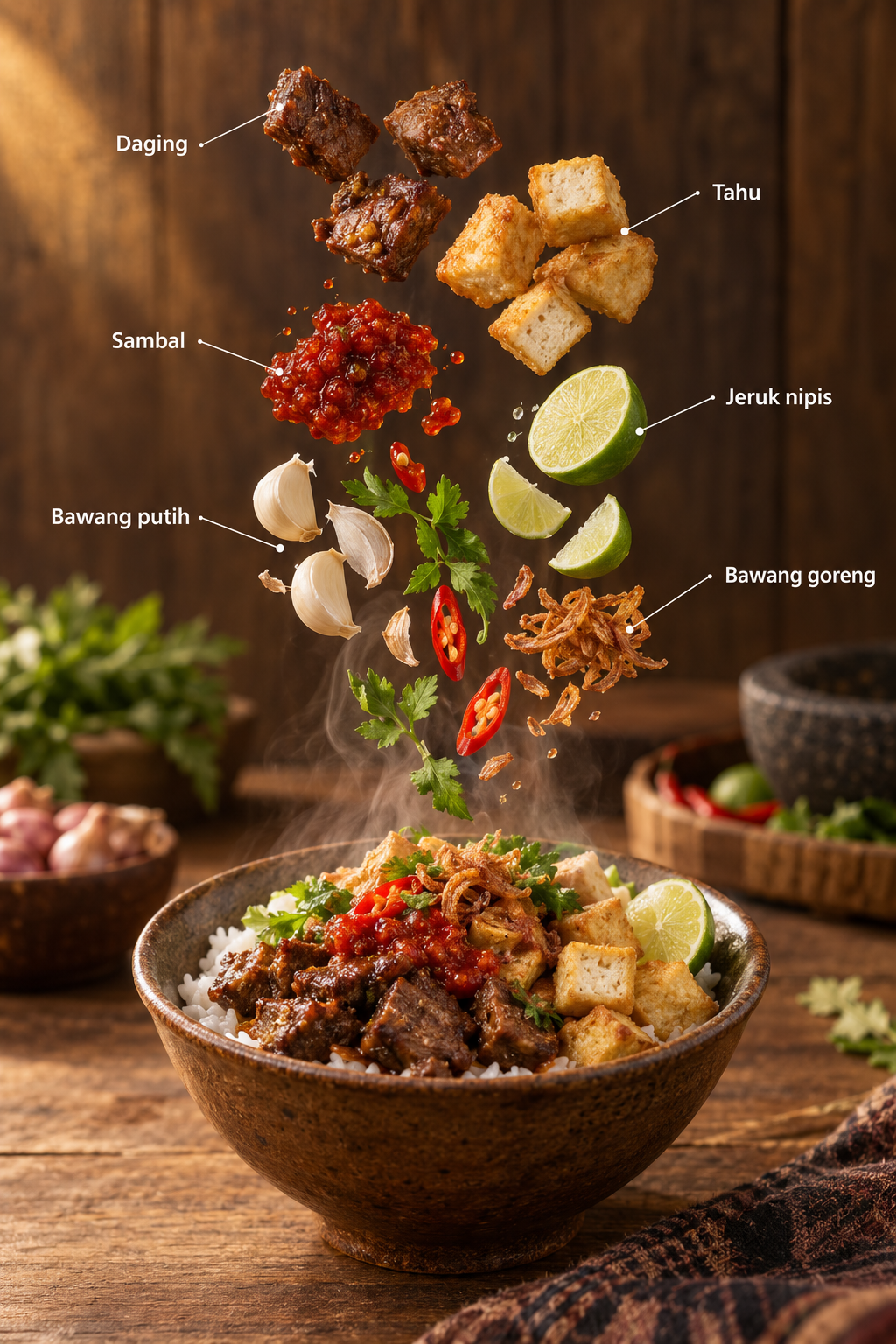 Infographic bát nóng hương vị Indonesia với nguyên liệu bay lơ lửng