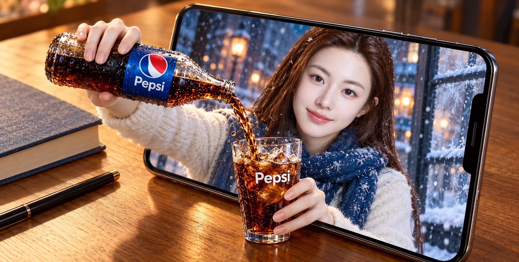 ペプシが画面を越えて注ぐ:木の机のシュールなスマホ広告