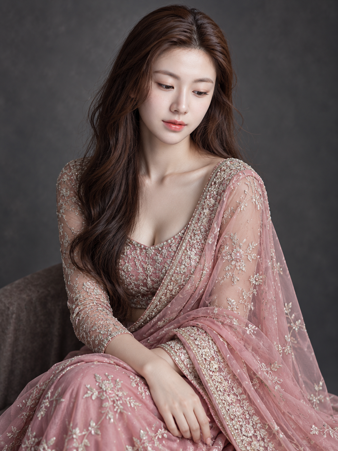 Portrait of a Woman in Pink Sari Under Cinematic Soft Light — AI image prompt