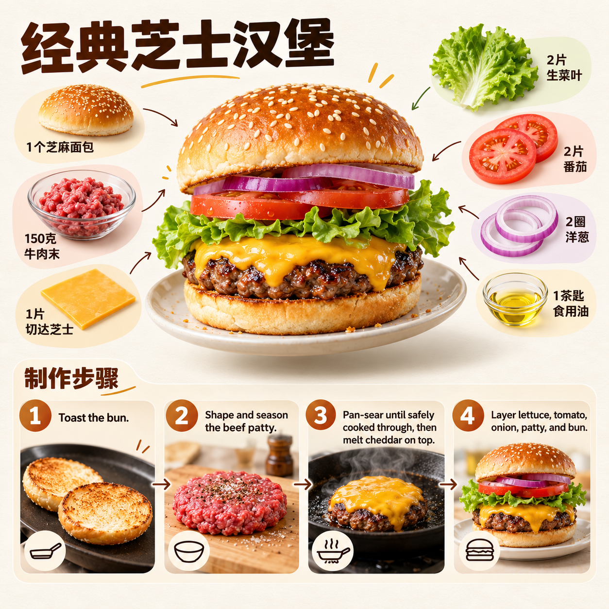 ミニマルな浮遊バーガーレシピのインフォグラフィック