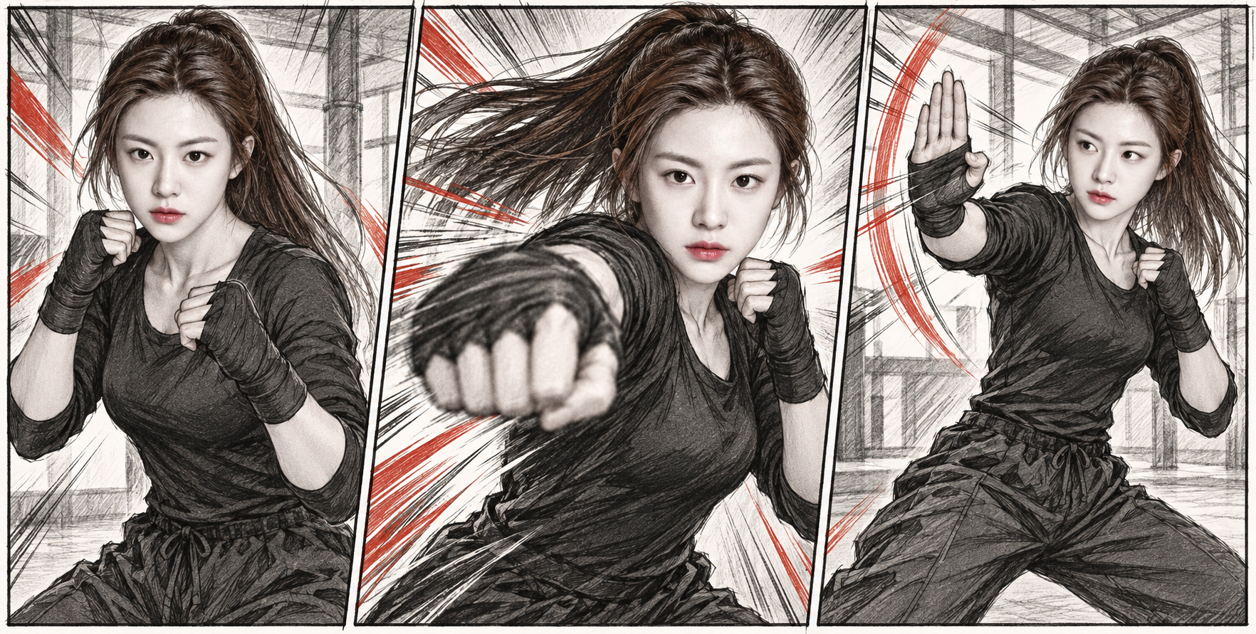 成年武者的少年漫画攻防动态分镜 — AI image creation