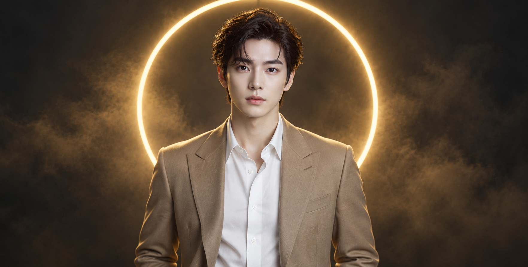 Chân dung trong bộ vest nâu dưới vầng hào quang neon vàng