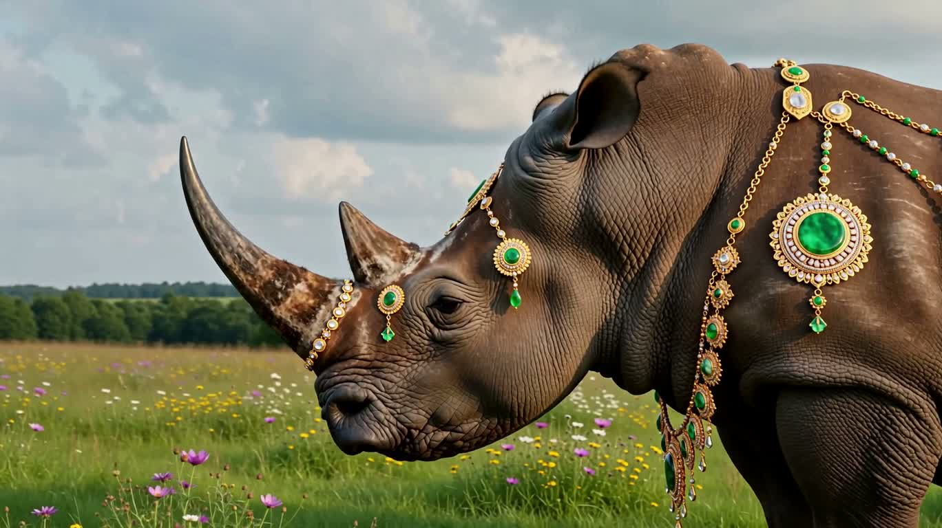 Jeweled Rhino at Peace in the Flower Field