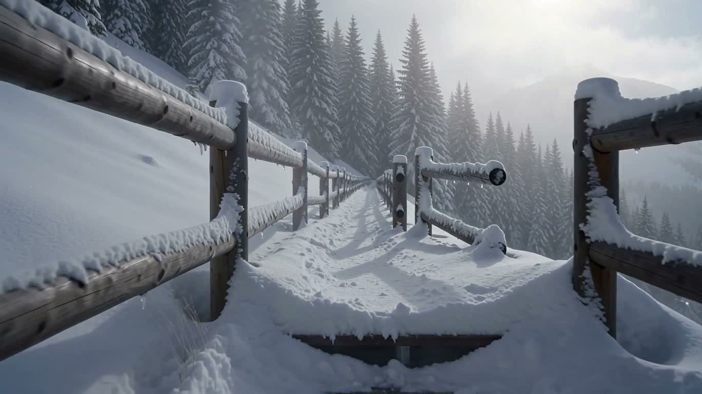 雪覆木栏的冬日迷雾 — AI video creation