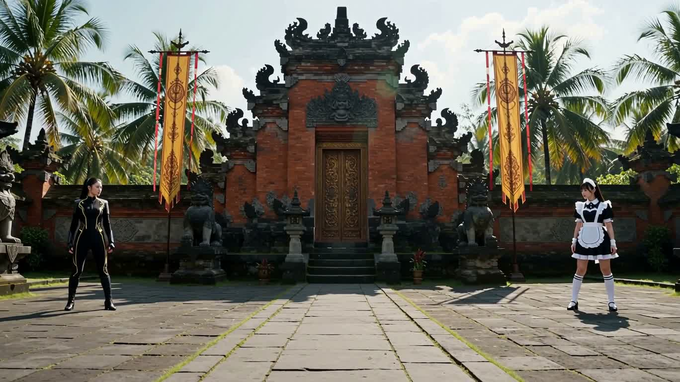 Cuộc đấu năng lượng của hai nữ chiến binh tại ngôi đền cổ Bali — AI video creation