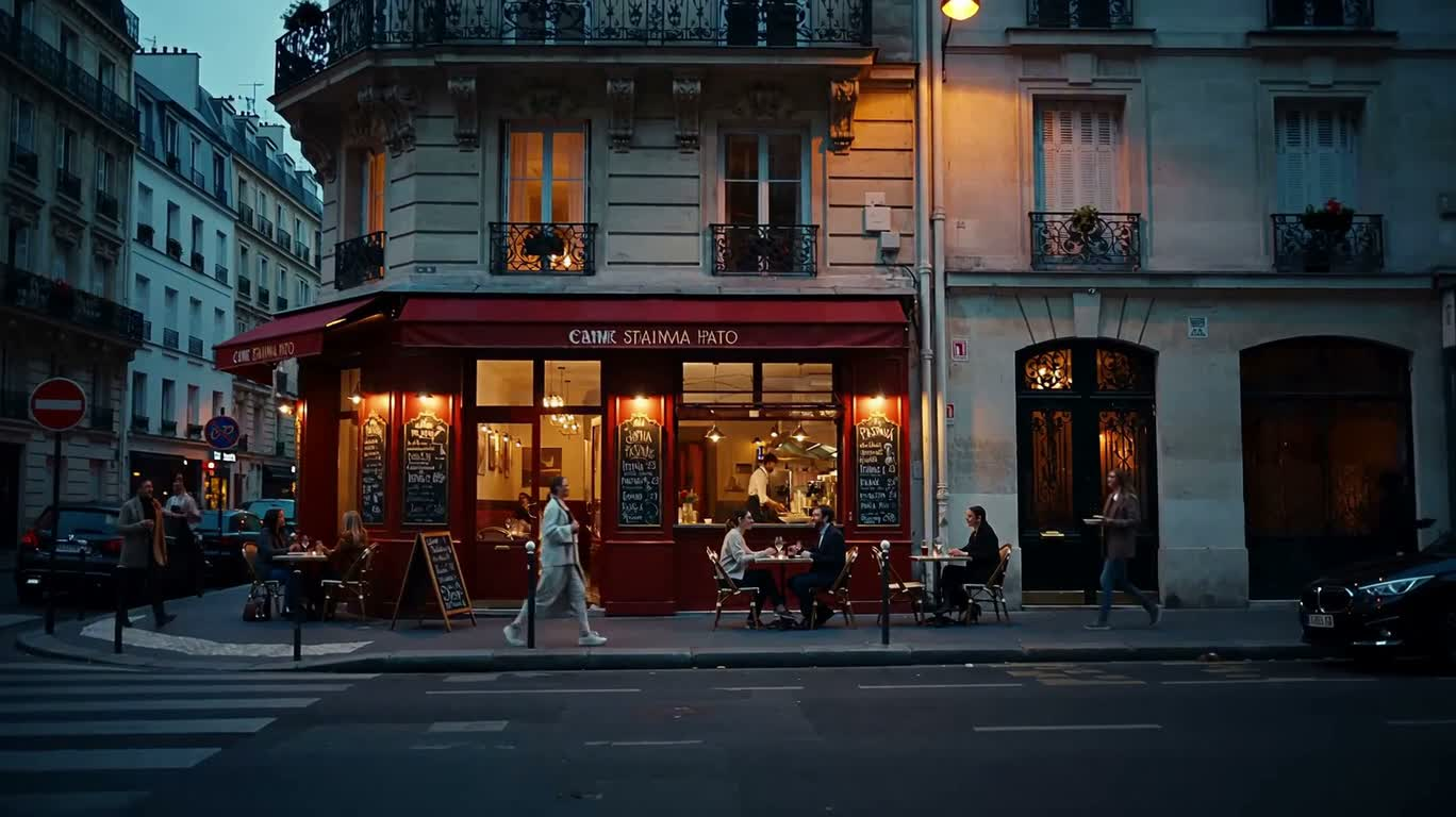 Italian Restaurant on a Parisian Street Corner at Dusk — AI video creation