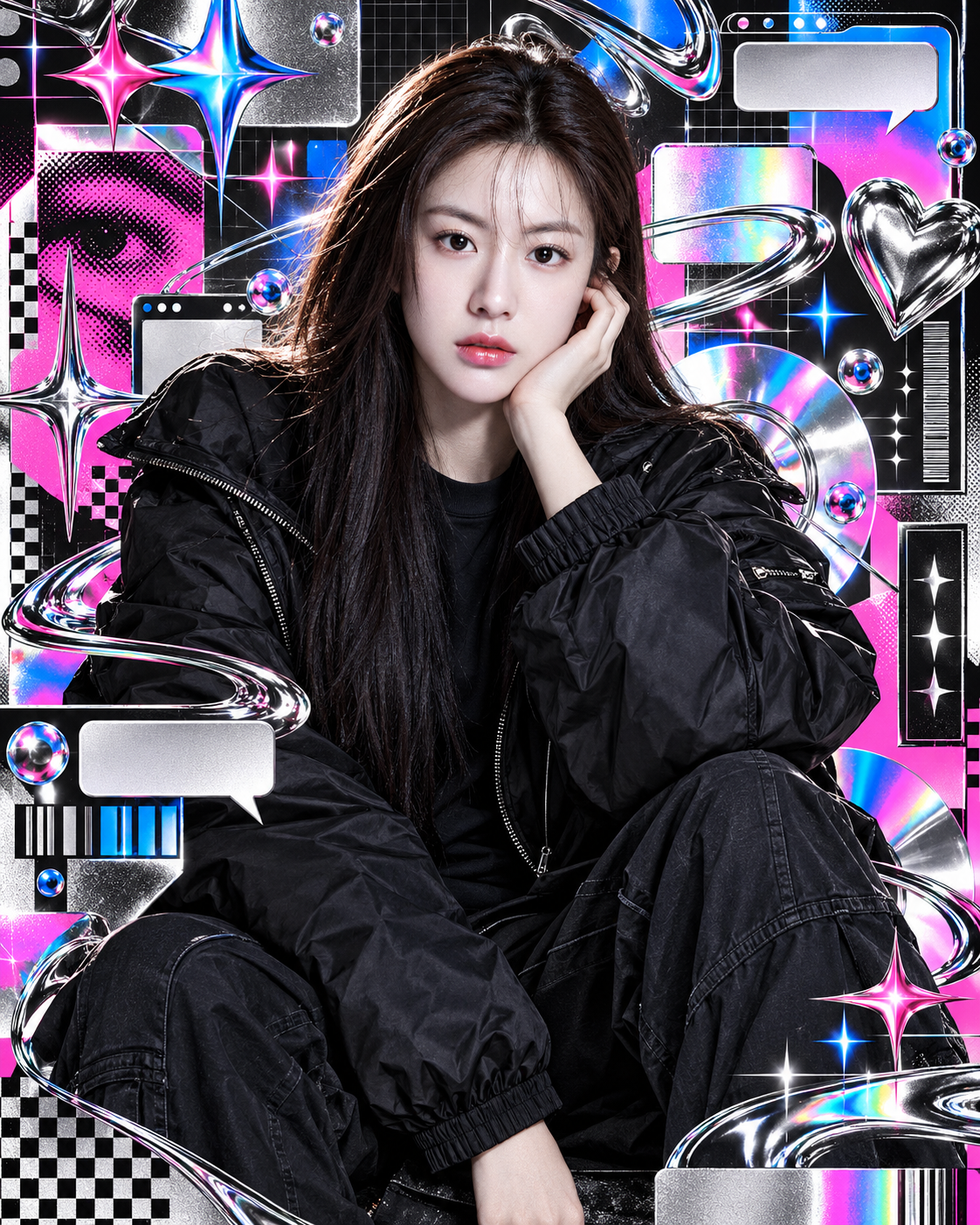 成人时尚人像的Y2K全息杂志拼贴 — AI image creation