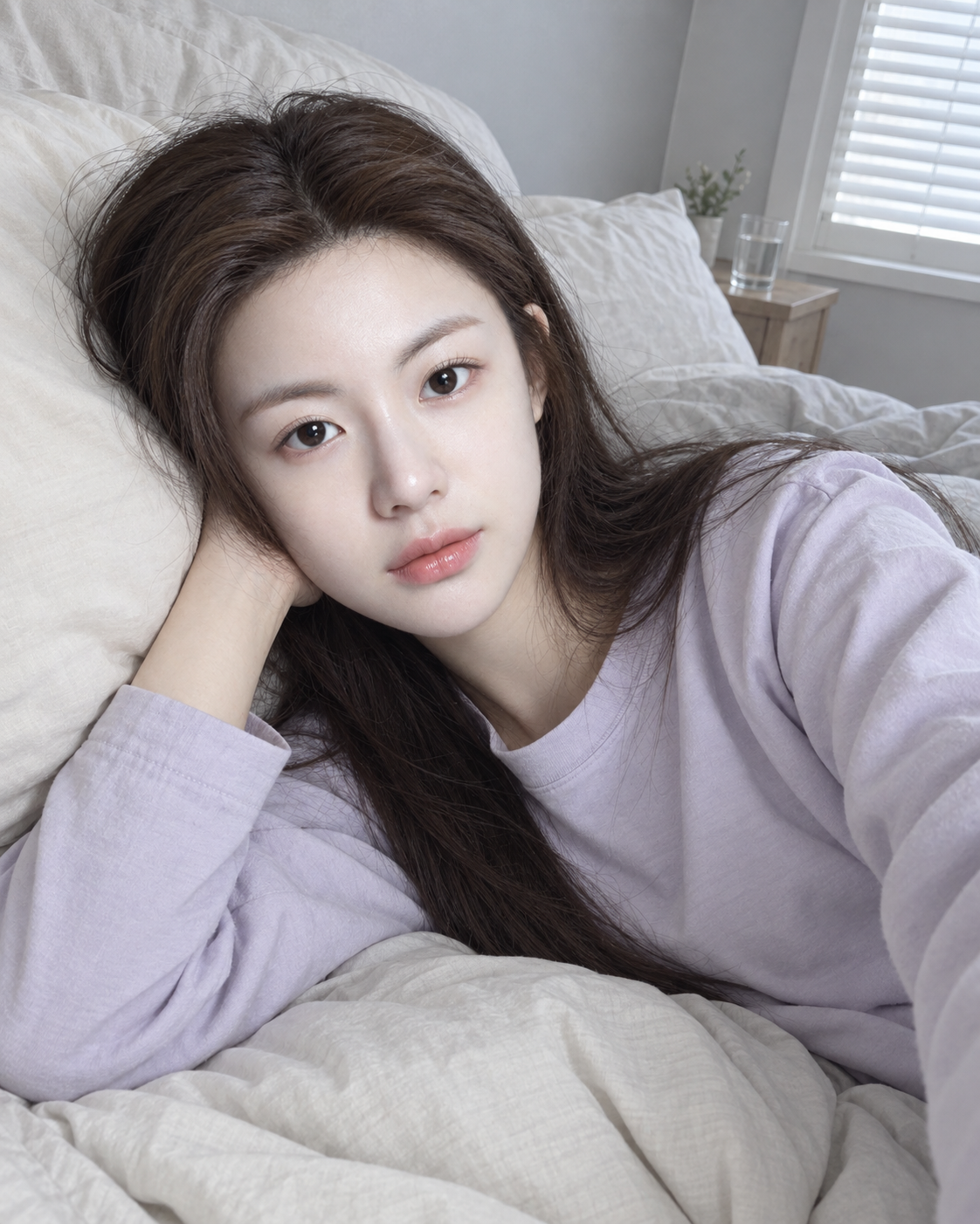 朝光の寝室で大人女性が自宅セルフィーするテンプレート