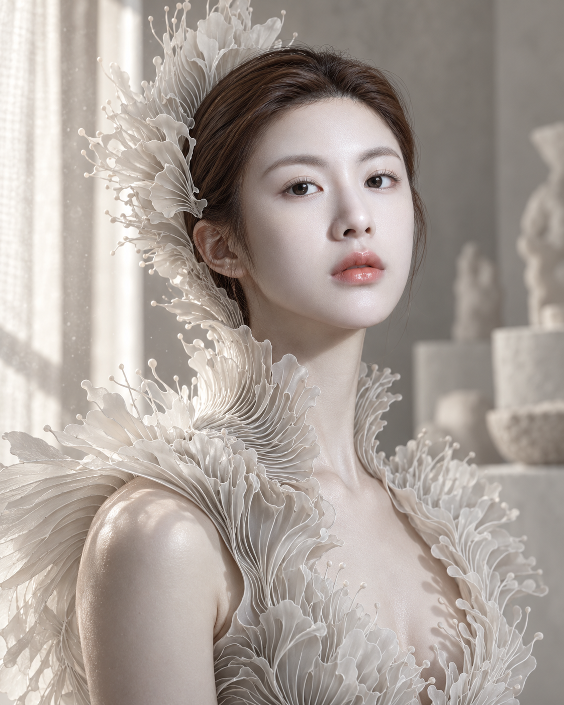瓷白纸艺绽放的超现实高定 — AI image creation