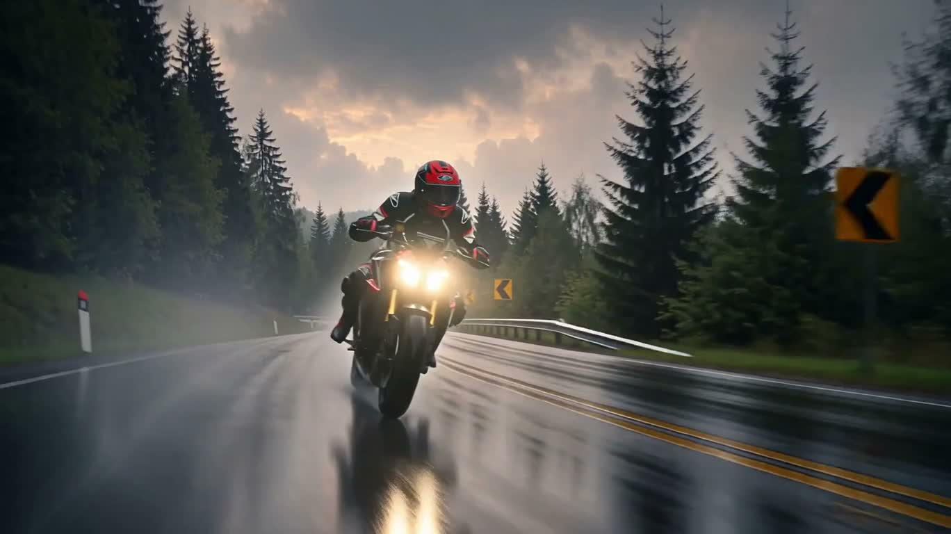 Balade à vélo sur une route forestière sous la pluie — AI video creation