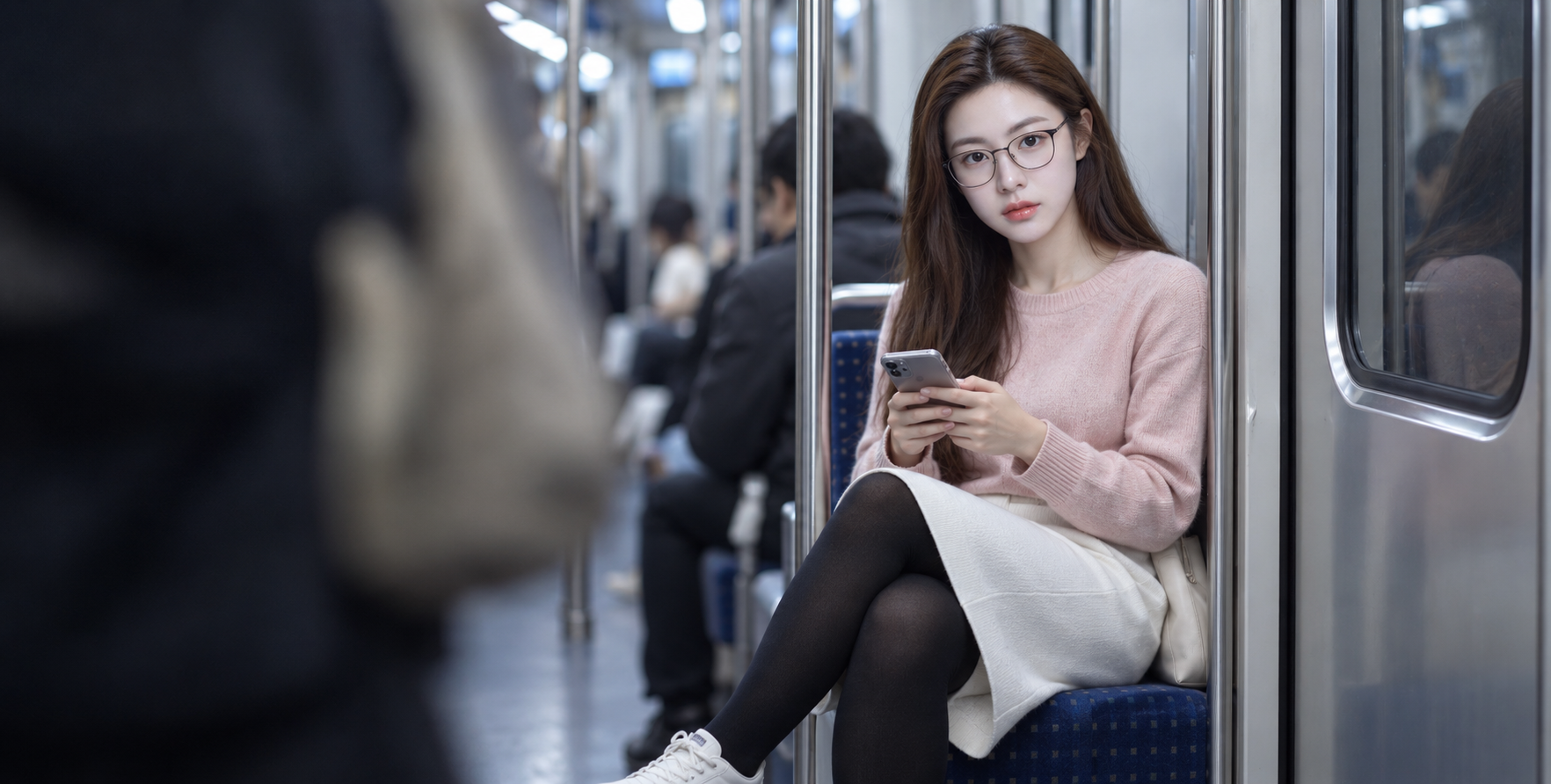 地铁冷光下的成年眼镜女性街拍 — AI image creation