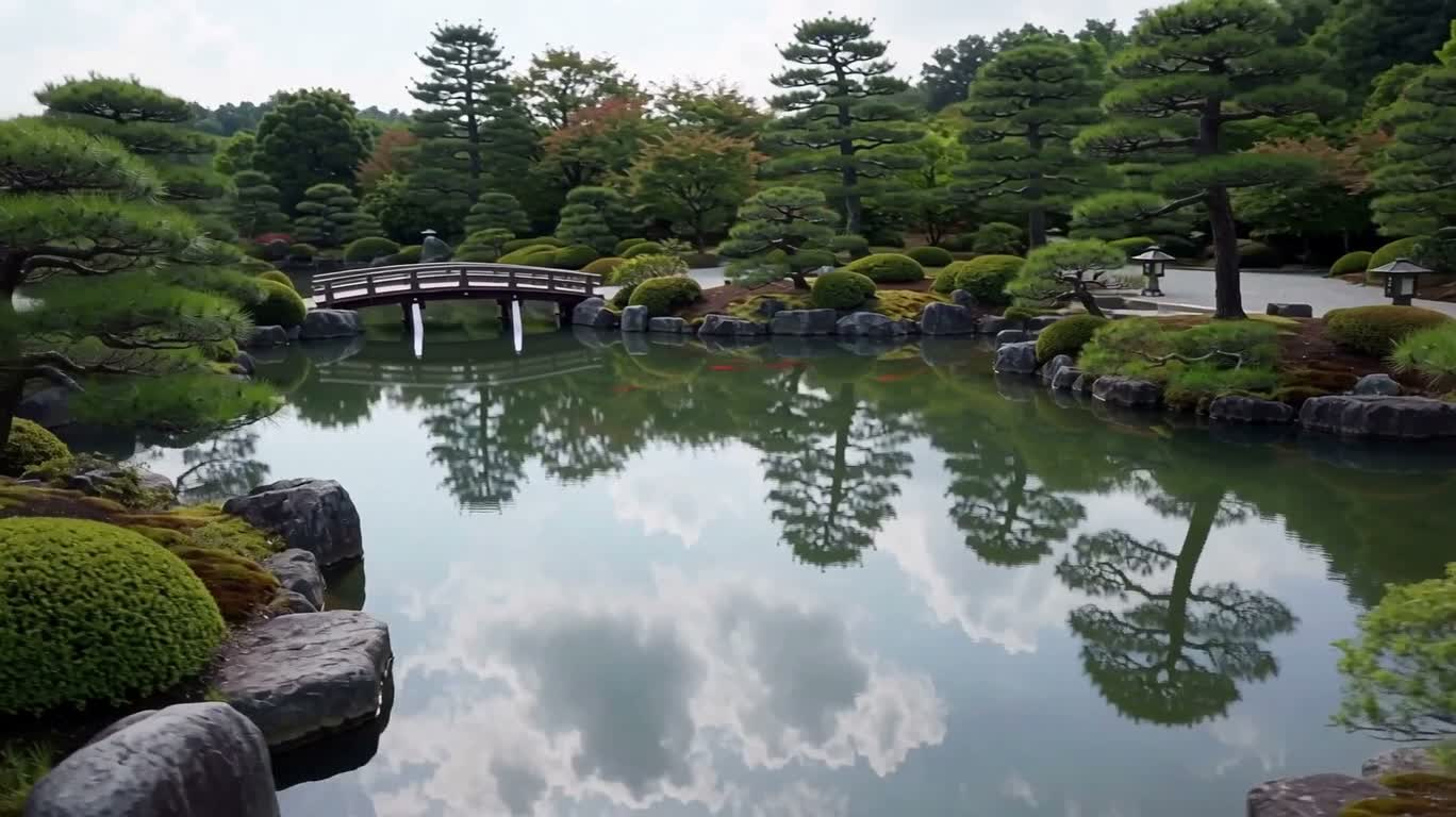 静谧日式庭园池塘