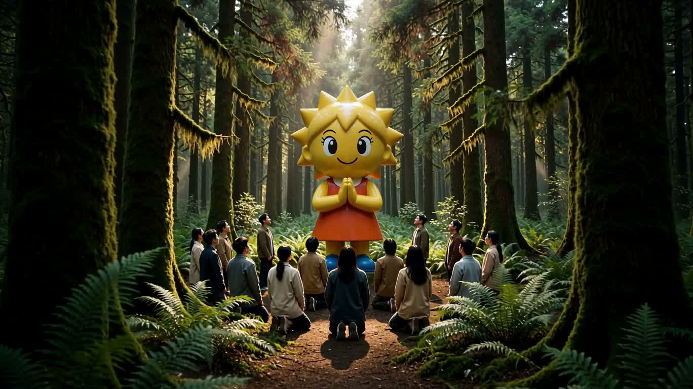 森林中的黄色卡通雕像祭礼 — AI video creation