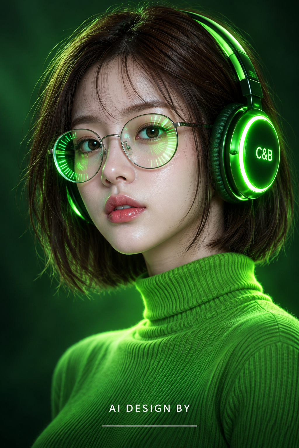 赛博朋克霓虹绿发光耳机成年女性肖像 — AI image creation
