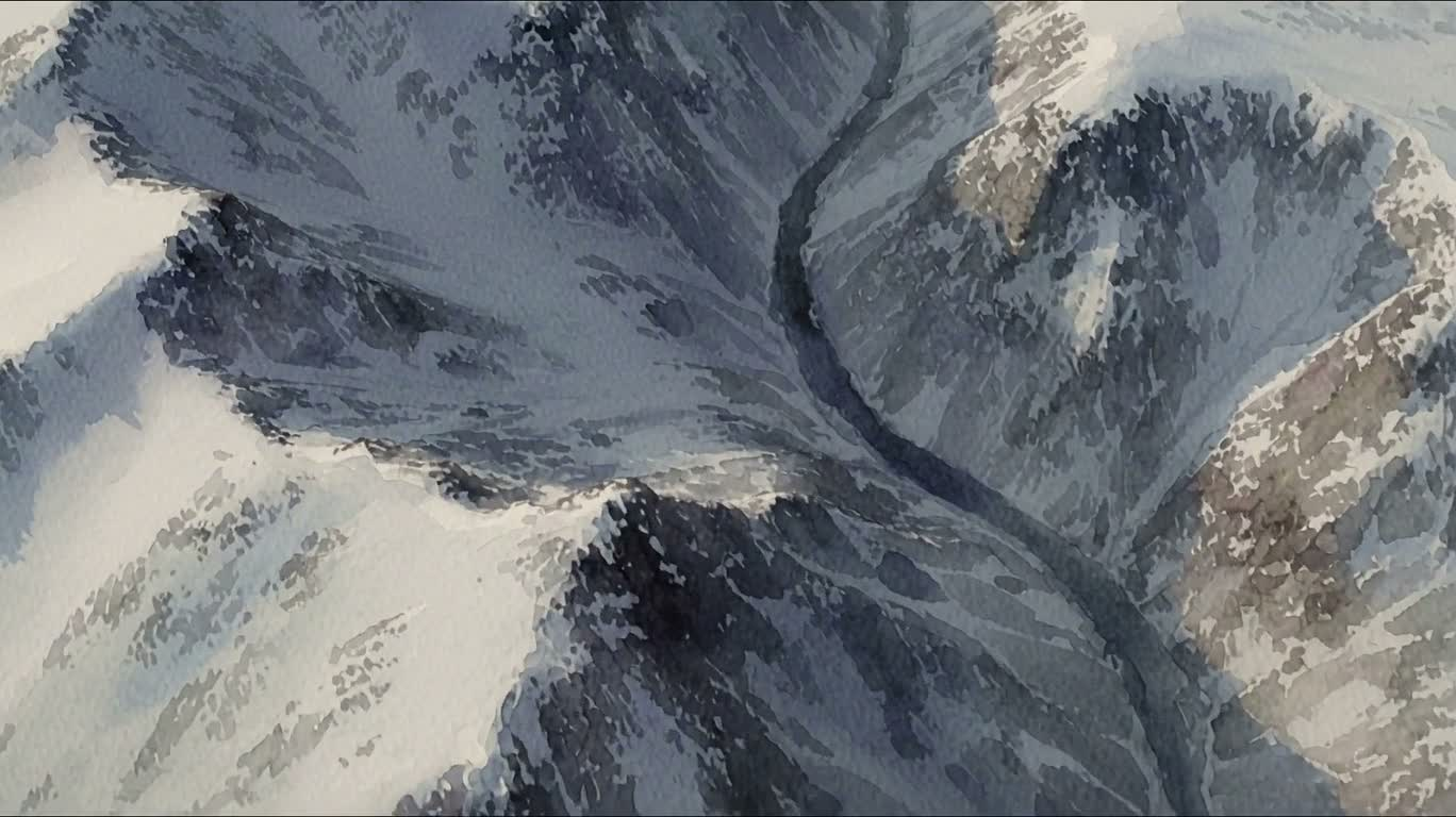 雪山峡谷水彩画卷